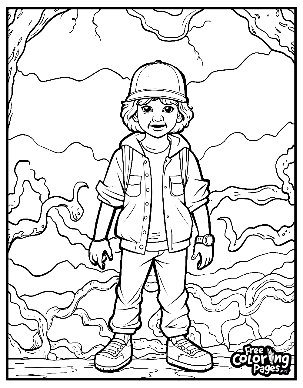 Halloween Stranger Things free coloring pages capture a young boy in a cap, waiting to be brought to life with vibrant Halloween hues