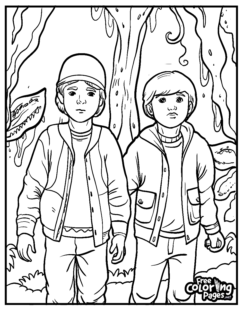 Halloween Stranger Things coloring pages for kids showcasing two characters against a backdrop of otherworldly elements