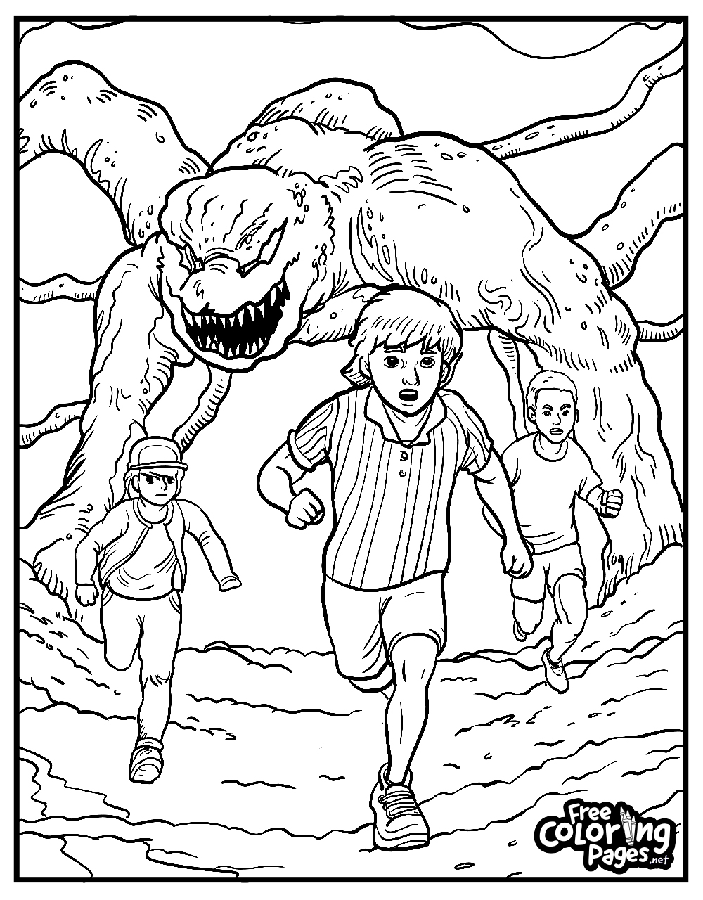 Halloween Stranger Things free printable coloring pages depicting a terrifying chase scene with a monster, great for Halloween fun