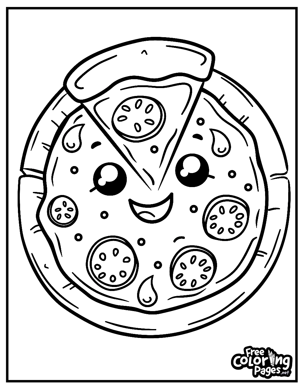 An adorable pizza character coloring page, featuring a cute pizza with a variety of toppings and a happy face. It's an easy coloring page, perfect for kids looking to add their own creative flair to this friendly pizza printable.