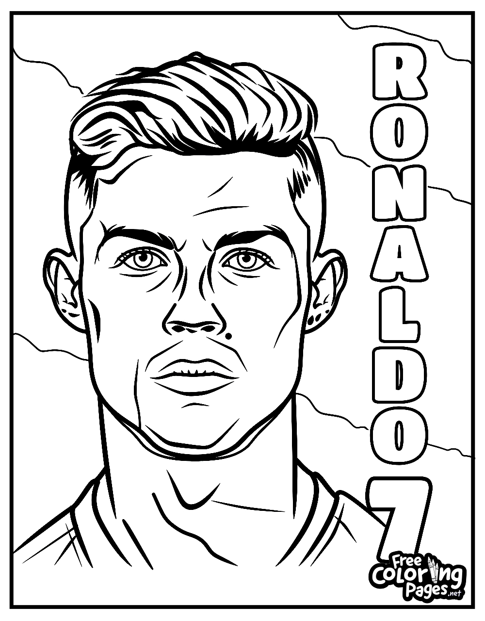 Ronaldo free coloring page featuring a close-up portrait of the iconic soccer player with his name and number 7 prominently displayed, perfect for both kids and adults to enjoy coloring.