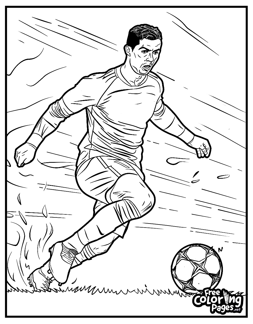 Ronaldo adult coloring pages printable showcasing the soccer superstar in mid-kick with intense expression, ideal for engaging coloring sessions for all fans.