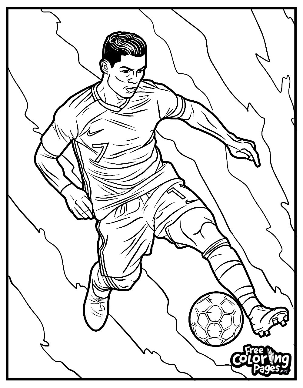 Ronaldo free coloring pages for kids illustrating the athlete masterfully maneuvering the ball in a game, offering a fun and dynamic scene to color.