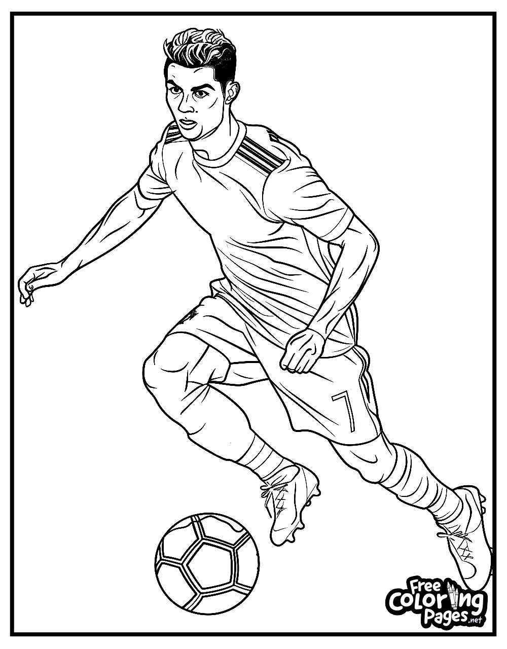 Ronaldo coloring sheets for kids displaying a poised moment of play, with the number 7 jersey in view, ready to be brought to life with vibrant hues.