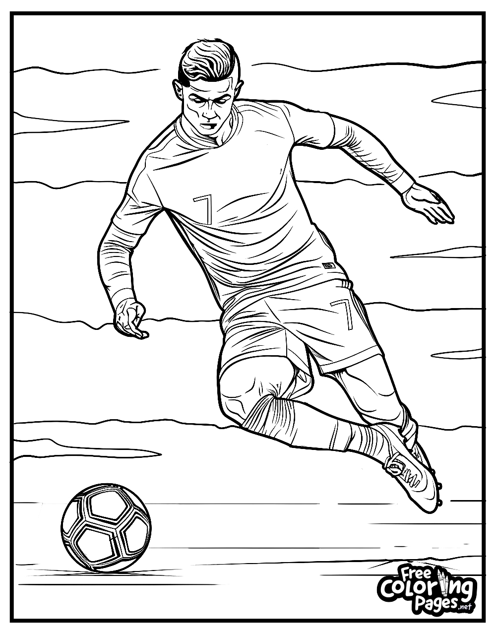 Ronaldo kids coloring pages presenting a focused match scene with the football icon, a fantastic way to encourage creativity and passion for the sport through coloring.