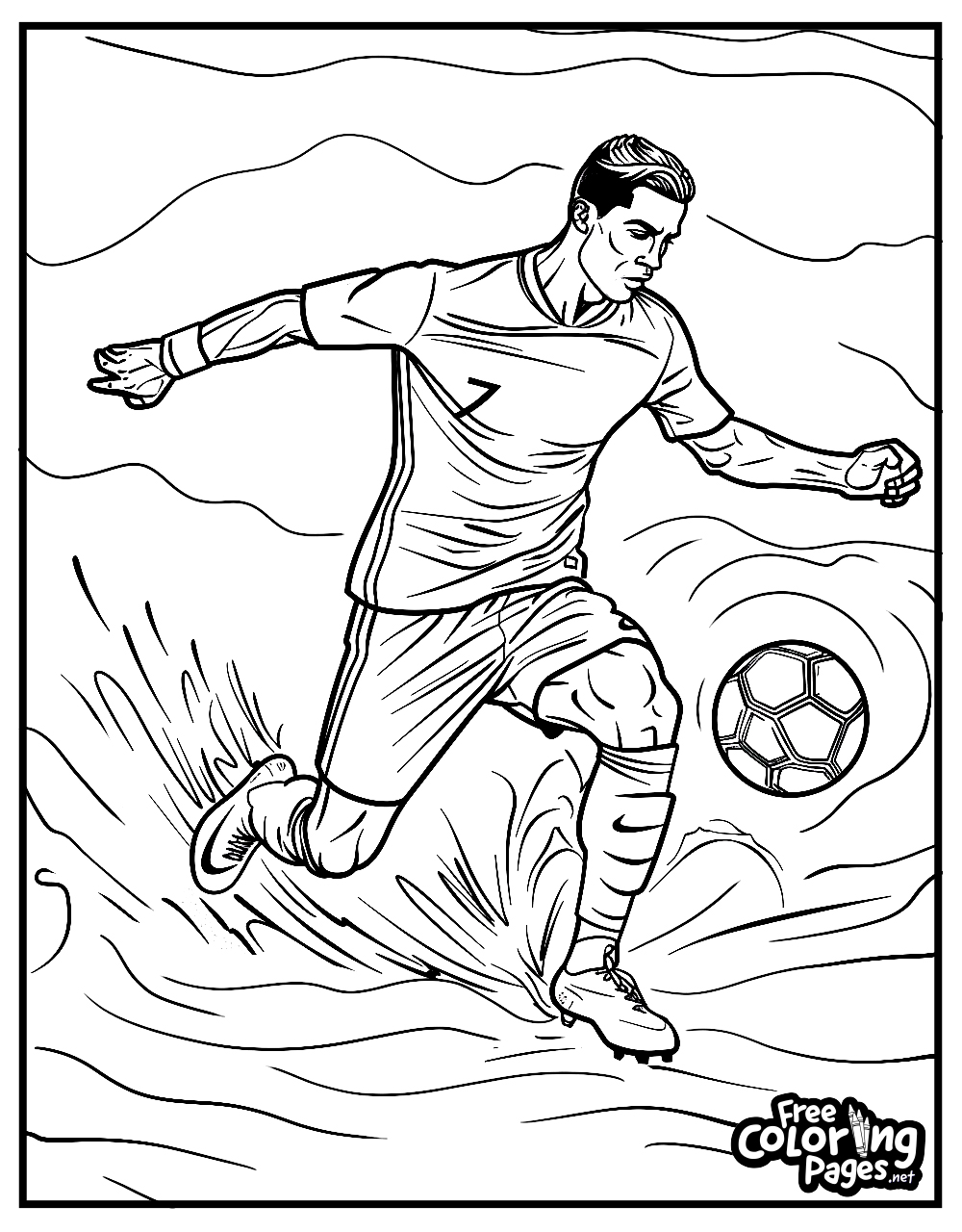 Ronaldo coloring pages for adults, featuring a dynamic illustration of Ronaldo mid-stride on the soccer field, ball at the ready for a powerful kick.