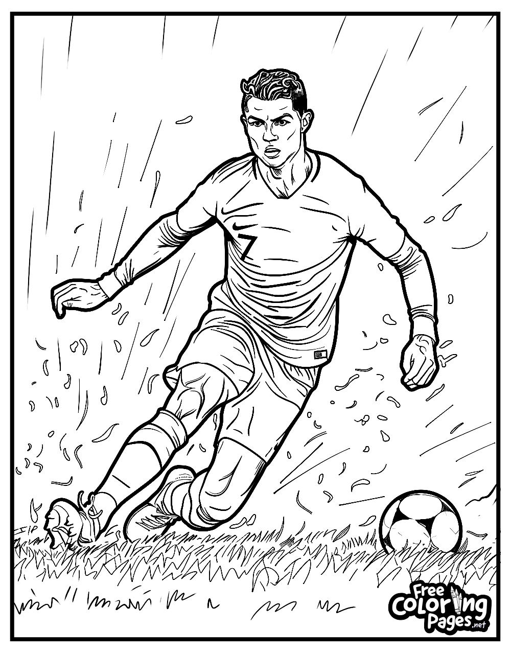 Ronaldo coloring book page capturing an intense moment on the pitch with the player about to strike the ball, emphasizing his iconic number 7.