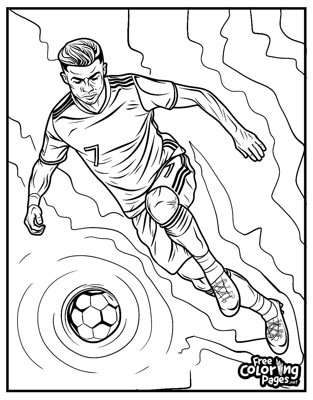 Ronaldo free coloring pages printable, depicting a high-energy scene with Ronaldo skillfully navigating the soccer field, ideal for fans to color.