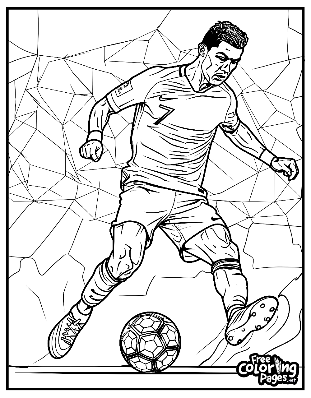 Ronaldo adult coloring page showcases the football star in action, with a geometric background adding a modern twist to the coloring experience.
