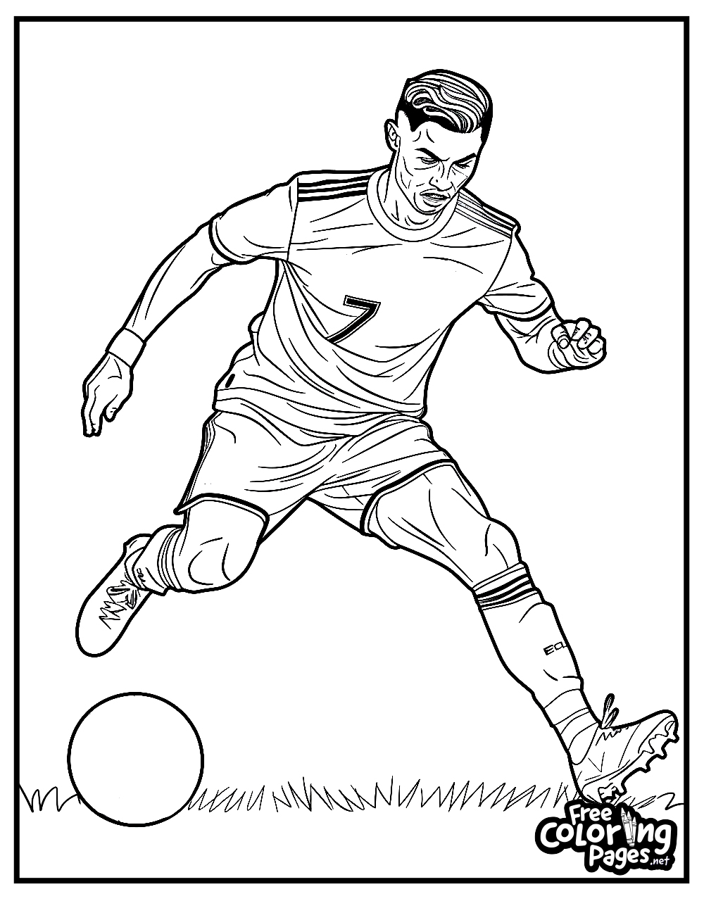 Ronaldo coloring sheet showing the soccer star in mid-action on the field, dribbling the ball with his number 7 jersey, a printable page suitable for fans of all ages.