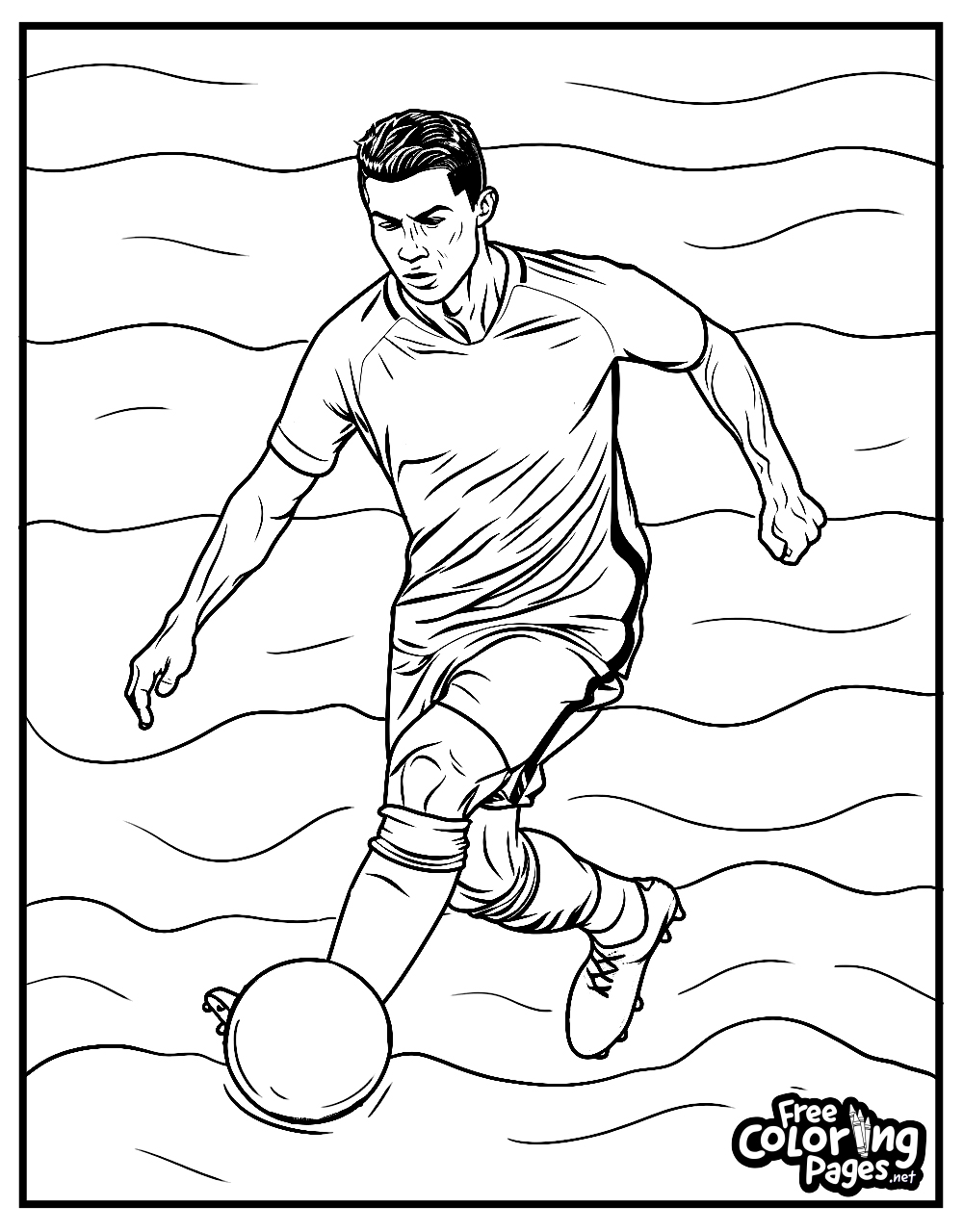Ronaldo free coloring pages for kids present a poised and ready to move Ronaldo on the field, making for a fun and inspiring coloring activity.