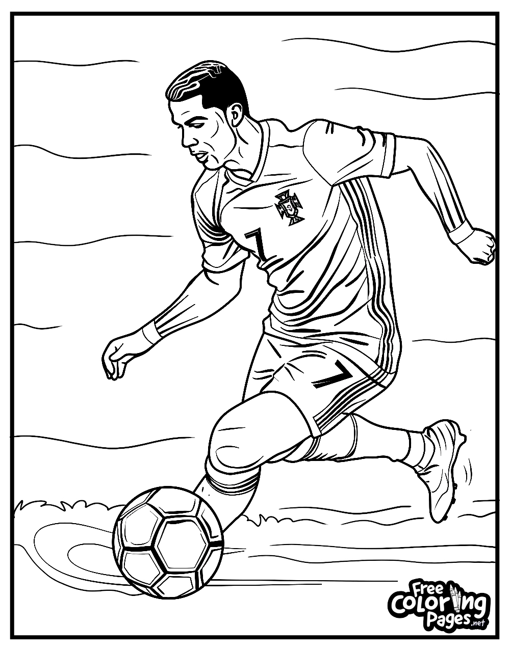 Ronaldo coloring pages for kids and adults, capturing the athlete in motion, controlling the soccer ball with his skilled feet, available for free download.