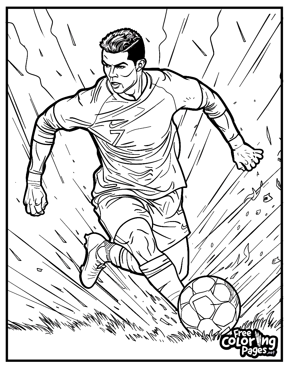 Dynamic Ronaldo adult coloring page printable, depicting an intense moment of the player taking a powerful shot, ideal for soccer enthusiasts to color and display.