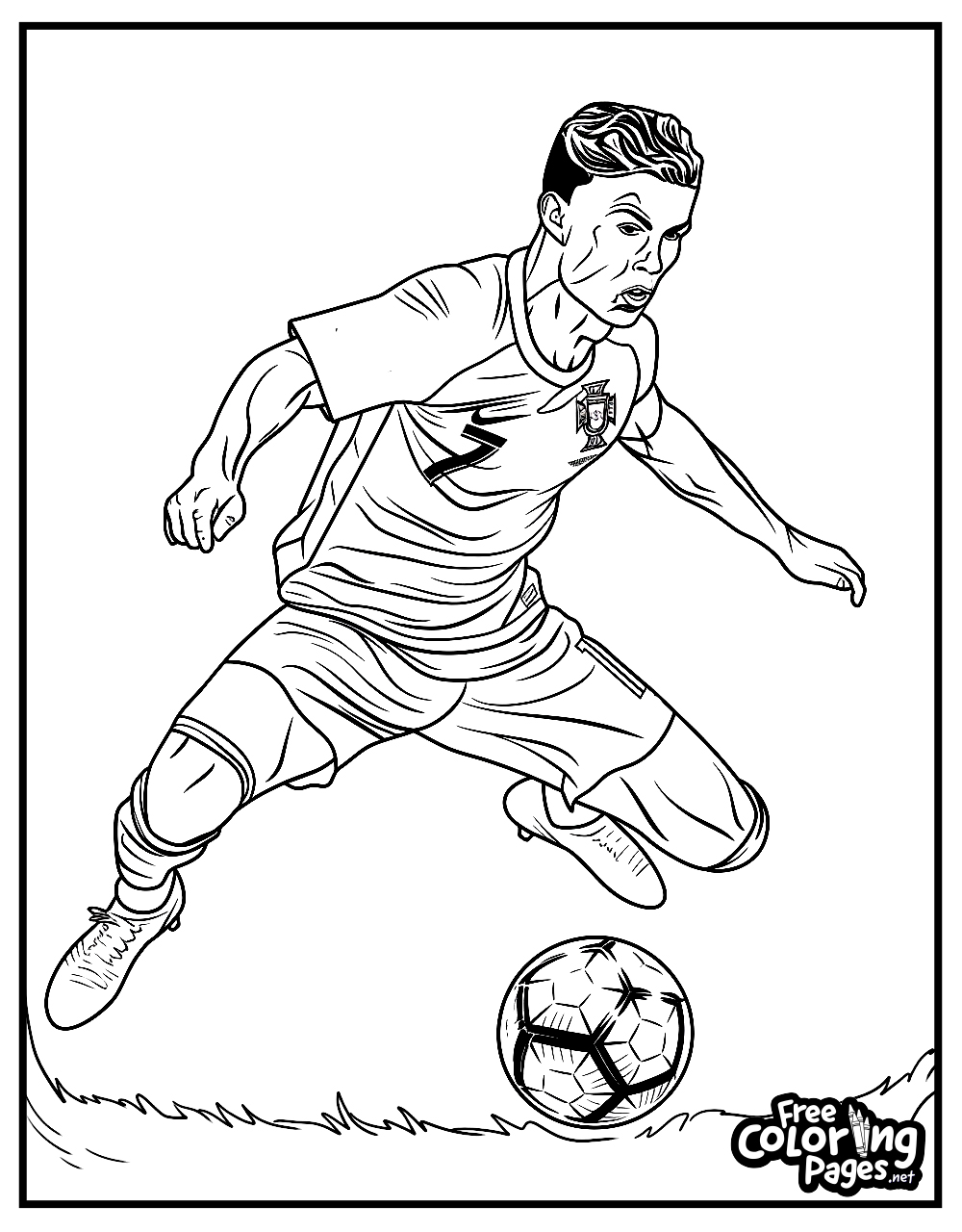 Ronaldo free printable coloring pages featuring an action shot of the player during a game, focused and on the move, great for engaging kids in coloring fun.