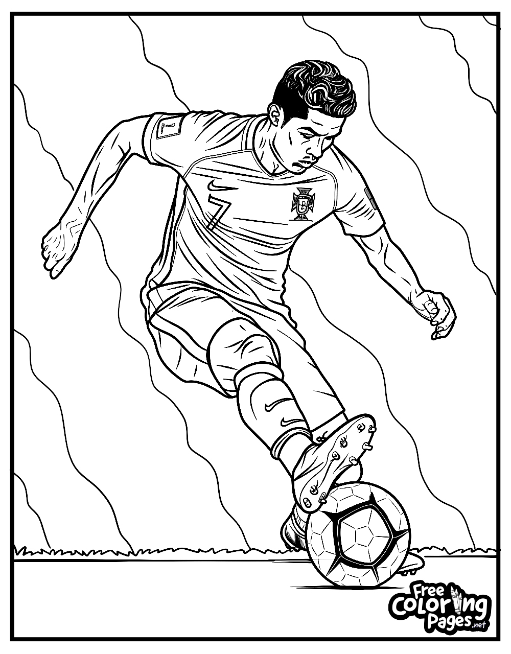 Ronaldo coloring pages printable capturing a vivid scene of Ronaldo fiercely kicking a soccer ball on the pitch, his jersey number 7 on display, ready for enthusiasts to color.