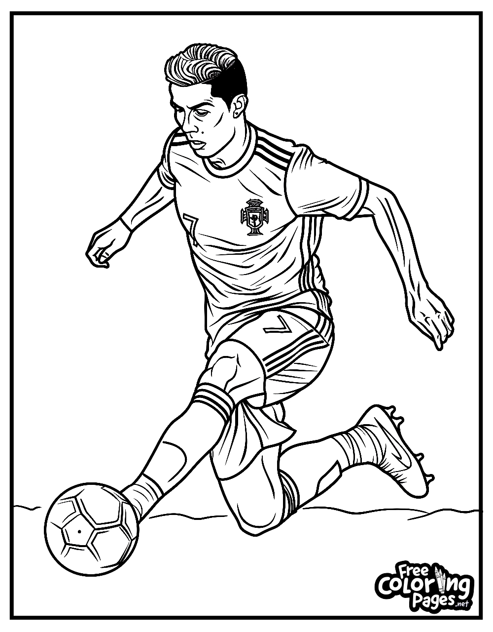 Ronaldo printable coloring pages illustrating the soccer legend in full sprint with the ball, showcasing his determination and agility, ideal for fans to personalize with color.