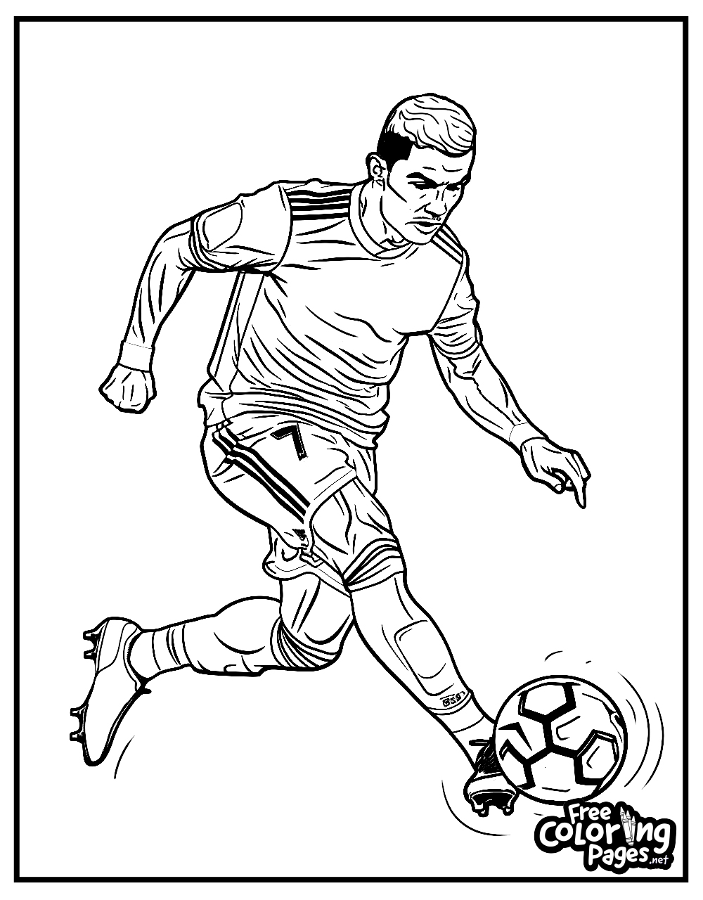 Ronaldo free coloring pages for kids featuring the renowned footballer executing a skillful move on the field, a lively scene for an engaging coloring experience.