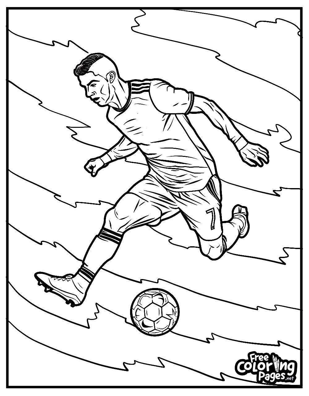 Ronaldo coloring page depicting an energetic match moment with the star player in motion, a striking image for a coloring book that appeals to both kids and adults.