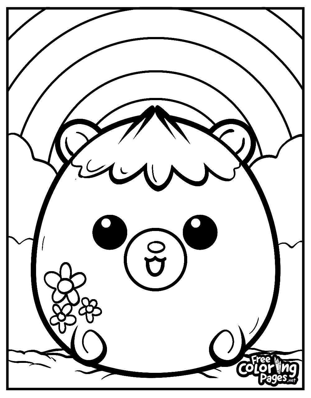 Squishmallows coloring page featuring a single adorable character in a field with a rainbow, perfect for a Squishmallows free printable coloring page activity