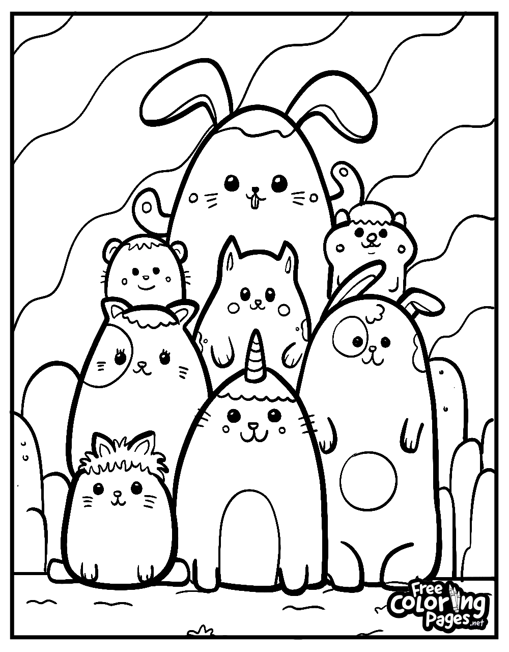 Squishmallows coloring sheet representing a gathering of characters with an array of expressions, suitable for Squishmallows coloring pages for all ages