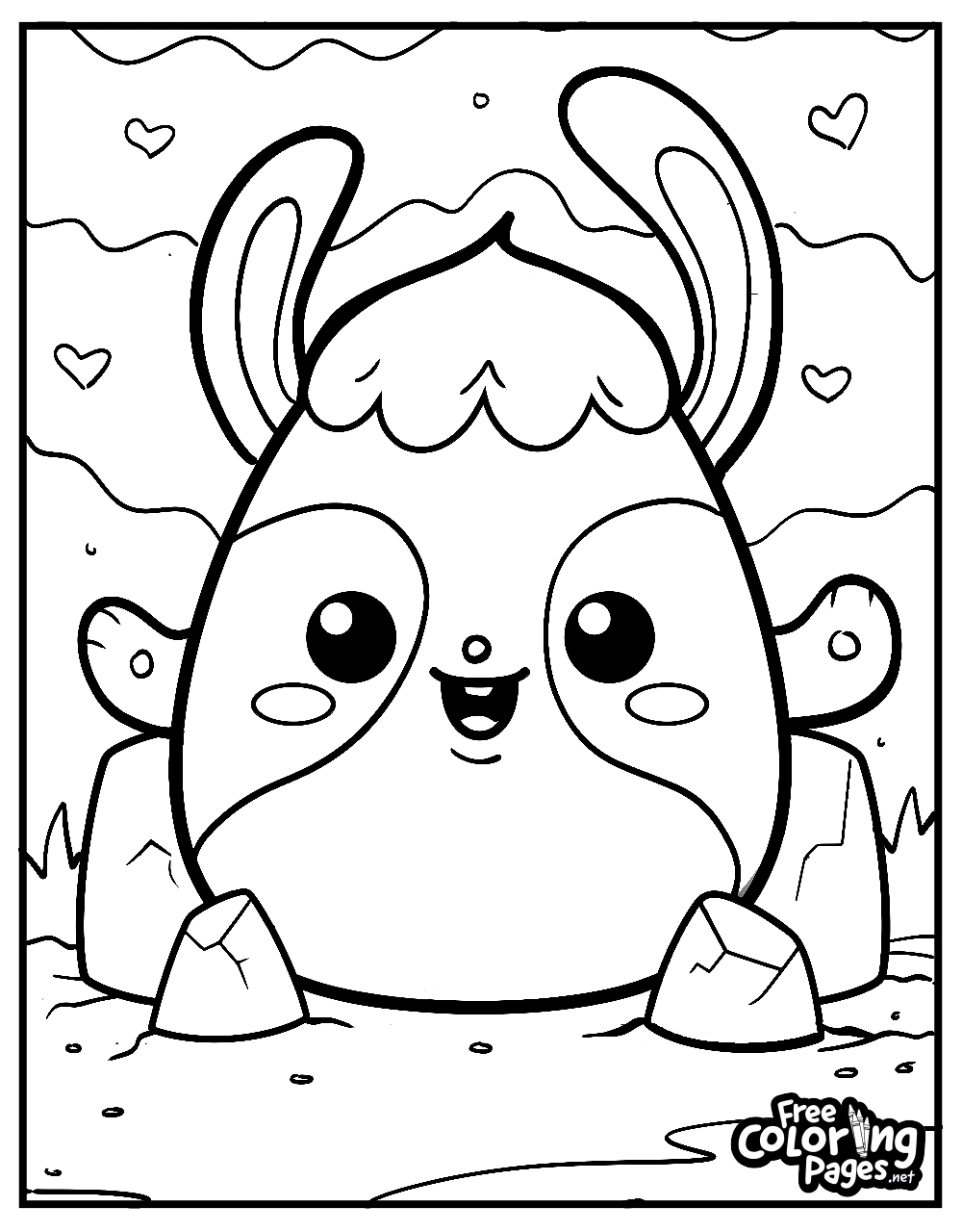 Squishmallows free coloring pages for kids featuring a cheerful bunny character on a beach with hearts and waves, perfect for coloring fun
