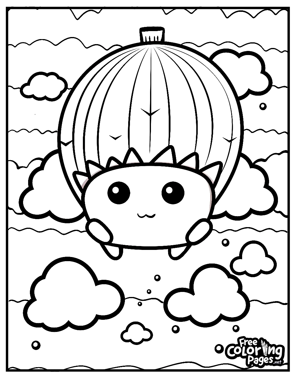 Squishmallows coloring pages for adults with a character floating in the sky with a hot air balloon, providing a calming coloring activity