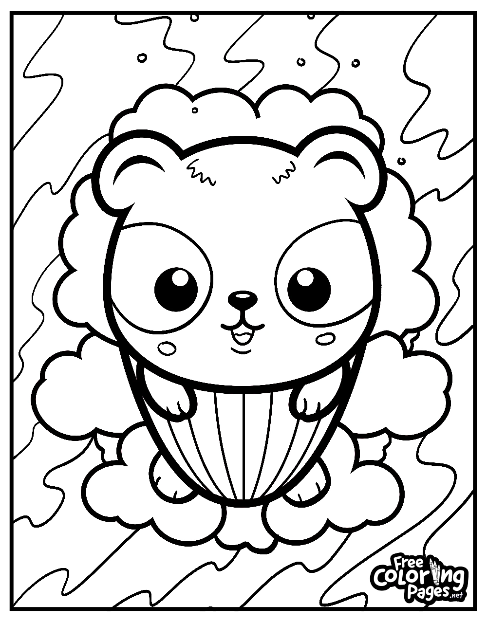 Squishmallows coloring book page with a character in a hot air balloon shaped like a cupcake, offering sweet whimsy for all ages