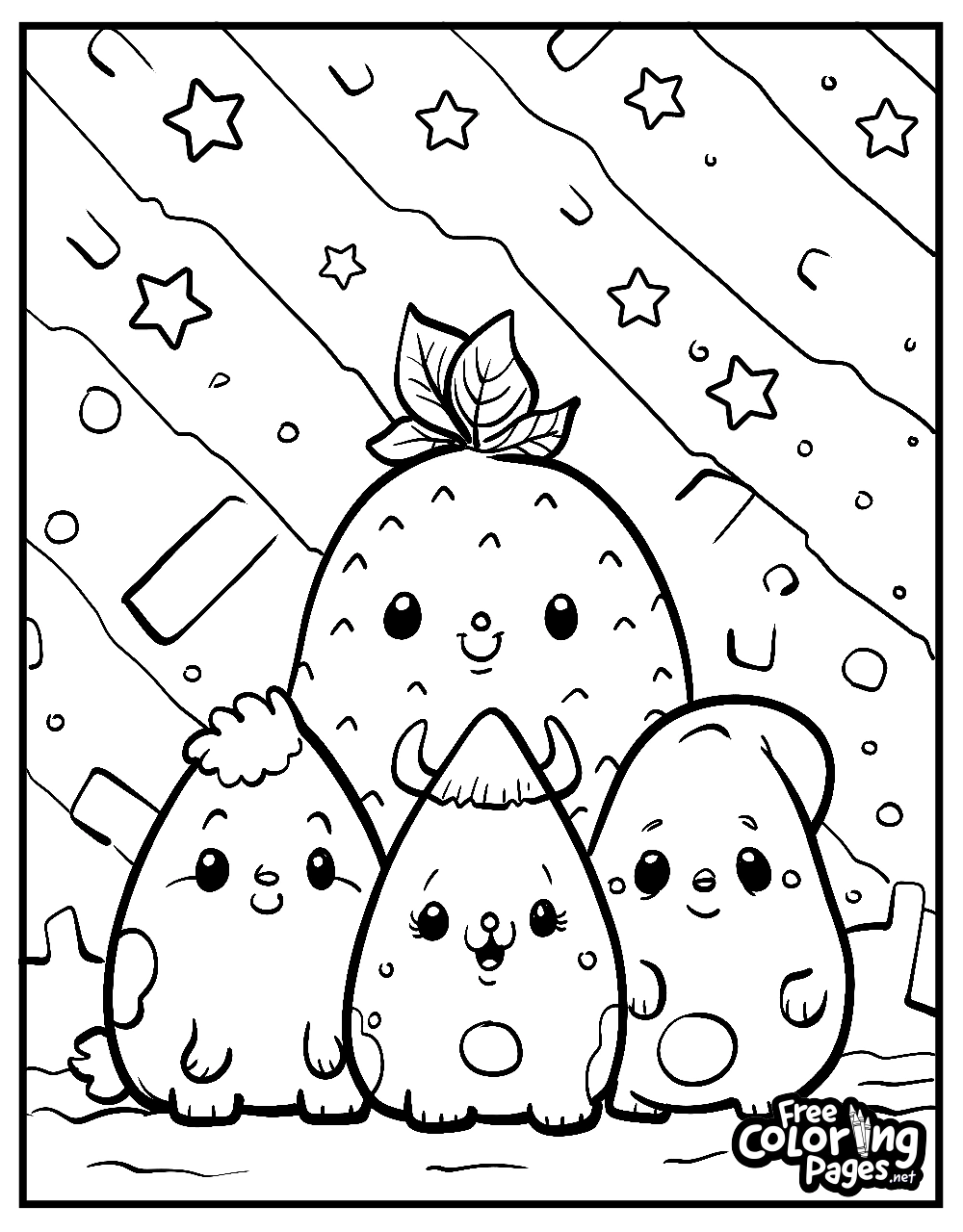 Squishmallows kids coloring pages showcasing a strawberry character with a group of friends under a starry sky, delightful for young artists