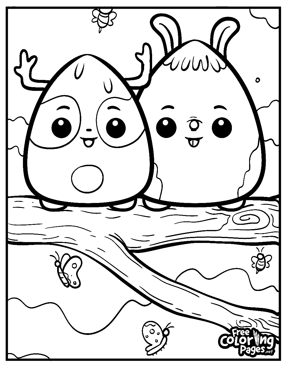 Squishmallows coloring pages free download available, featuring two characters lounging on a log, perfect for a nature-themed coloring session
