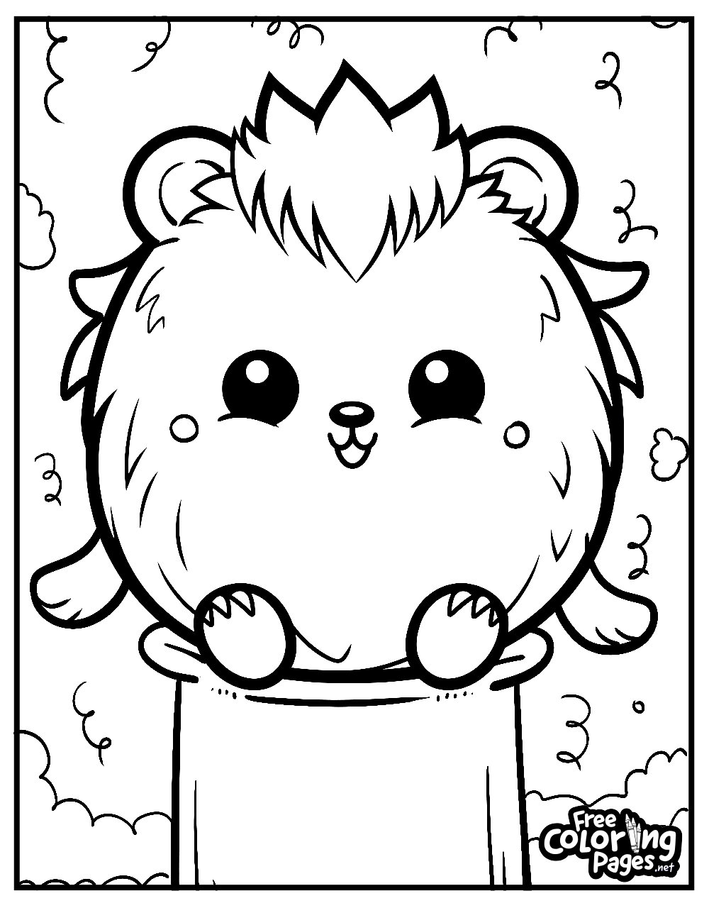 Squishmallows free coloring pages for kids displaying a lion character in a hot air balloon among clouds, for a fun, imaginative coloring time