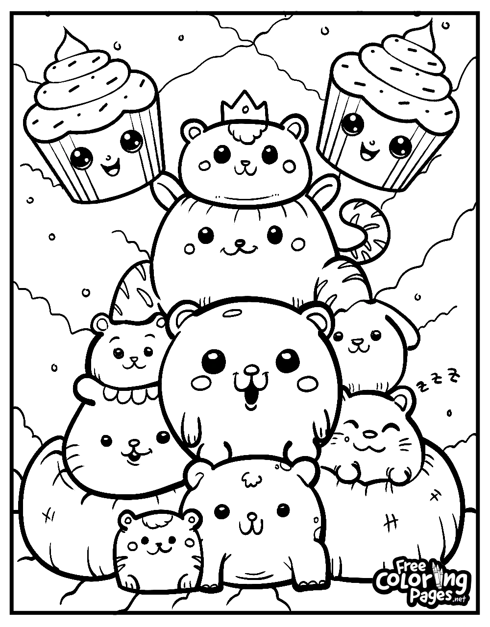 Squishmallows free printable coloring pages present a joyful cluster of characters in a dreamy candy land, ideal for group coloring activities