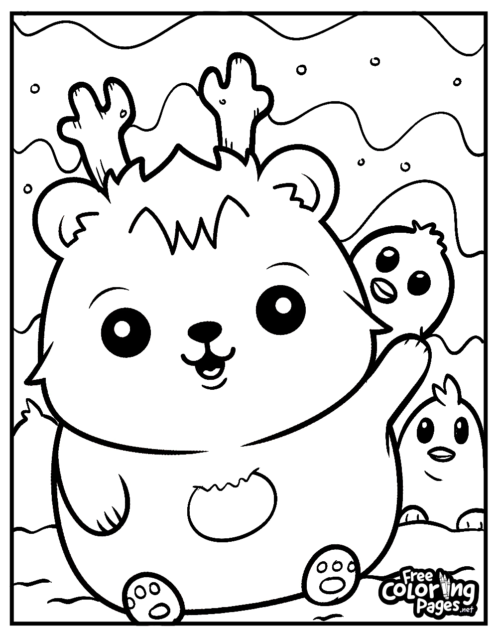 Squishmallows easy coloring pages showing a playful bear character on a beach, simple enough for beginners to enjoy