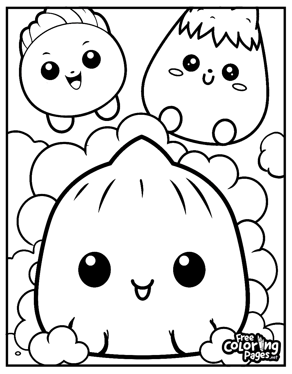 Squishmallows coloring sheets for kids showing a cheerful trio of characters on a cloud, suitable for a fun coloring exercise with Squishmallows printable coloring pages