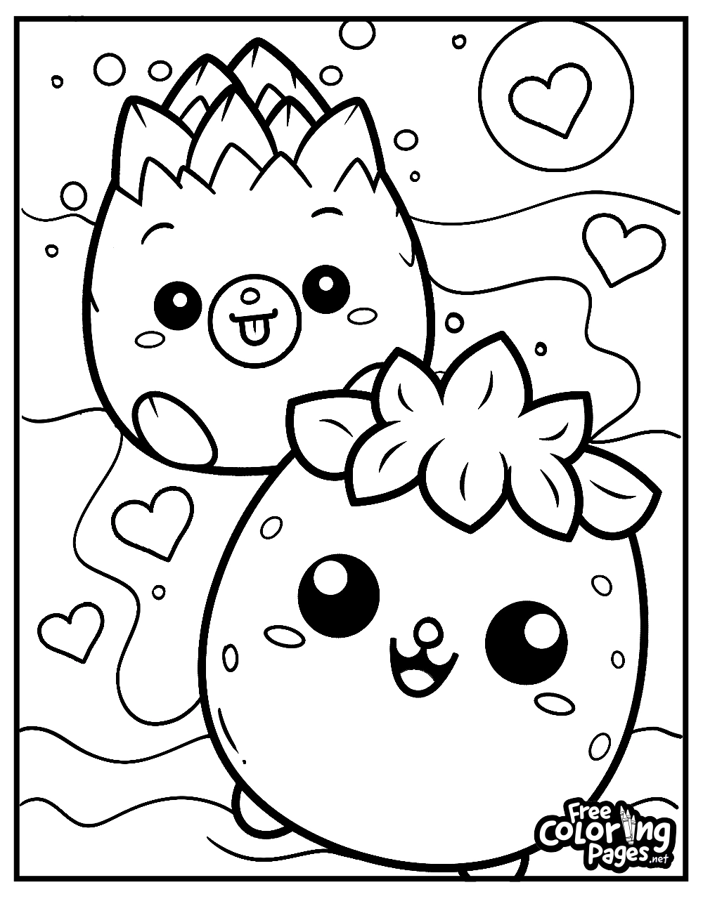 Squishmallows coloring pages printable showcasing two cute characters under the sea, surrounded by hearts, available as a Squishmallows free coloring pages for kids