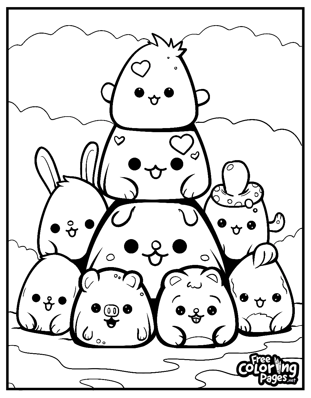 Squishmallows free coloring pages displaying a stack of several characters in a playful arrangement, inviting for Squishmallows kids coloring pages activity