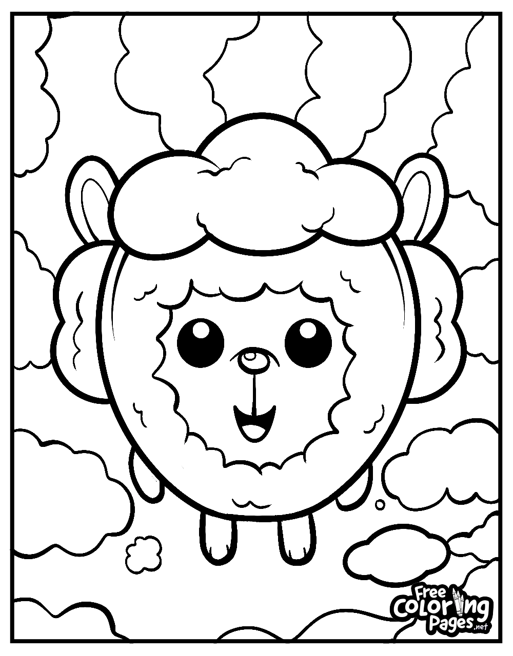 Squishmallows coloring pages for adults with a sheep character amidst clouds, an endearing option for Squishmallows free coloring pages