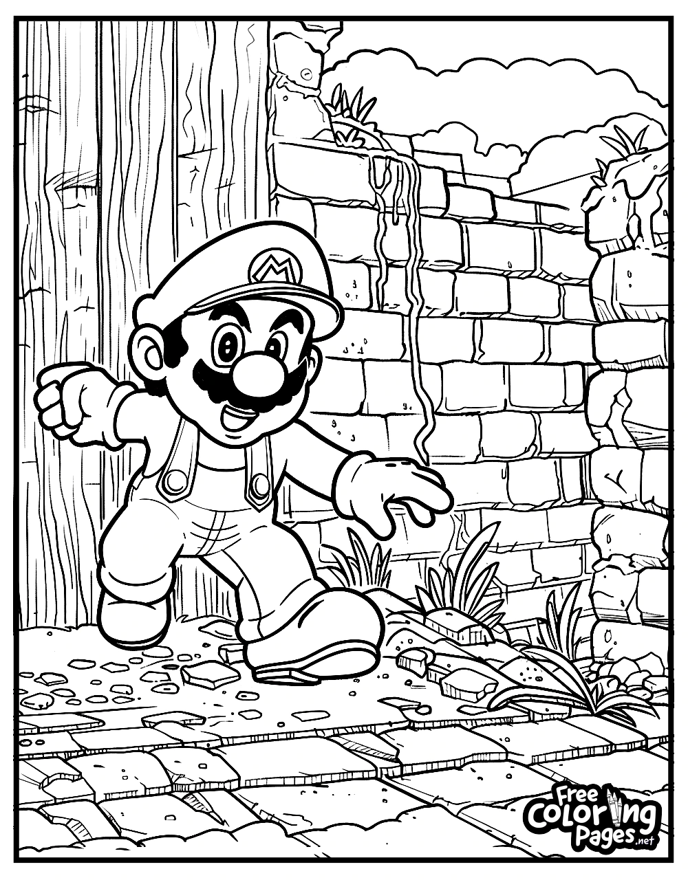 Super Mario Bros printable coloring page featuring Mario in action, jumping with a background of brick walls and a castle, perfect for kids and adults to add their creative touch