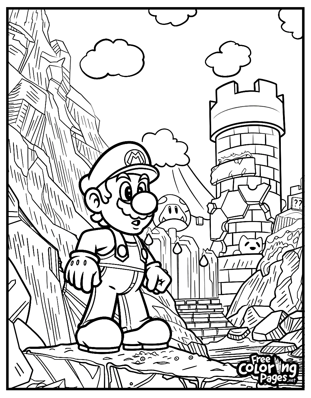 Adult coloring page printable from Super Mario Bros, showing Mario standing proudly on a mountainous terrain with a castle in the distance
