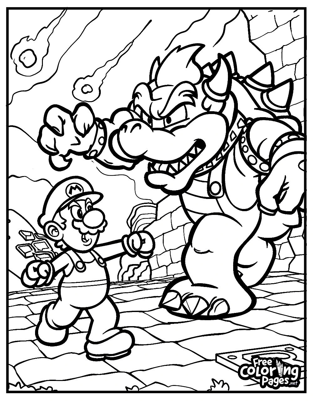 A Super Mario Bros coloring page featuring Mario confronting Bowser in a castle, a dynamic scene for an adult coloring page printable
