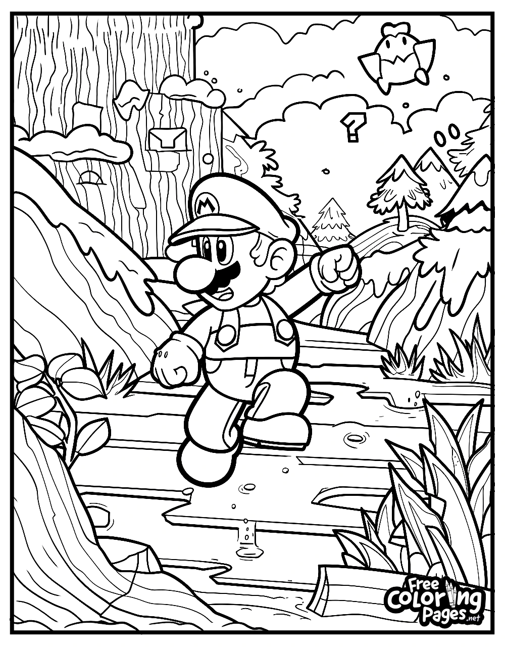 Super Mario Bros free coloring pages for kids showing Mario navigating a forest with a bridge and wildlife, offering a fun coloring challenge