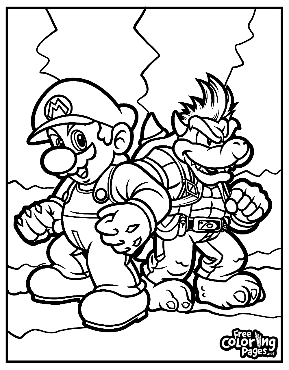 Free Super Mario Bros coloring sheet where Mario stands ready in front of a fierce Bowser, perfect for printing and coloring by fans of all ages