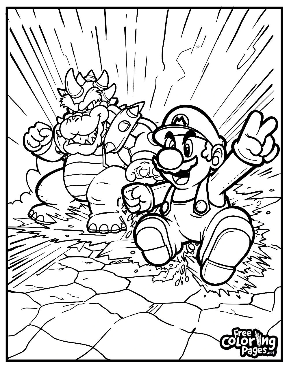 Super Mario Bros coloring pages free download showcasing Mario with a Koopa Troopa shell and Bowser in the background, radiating action for coloring