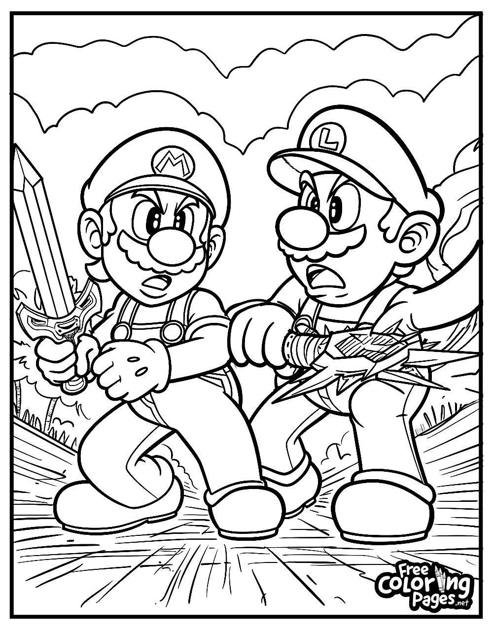 Super Mario Bros coloring pages for adults depicting Mario and Luigi in battle stances, wielding swords, ready for a creative touch
