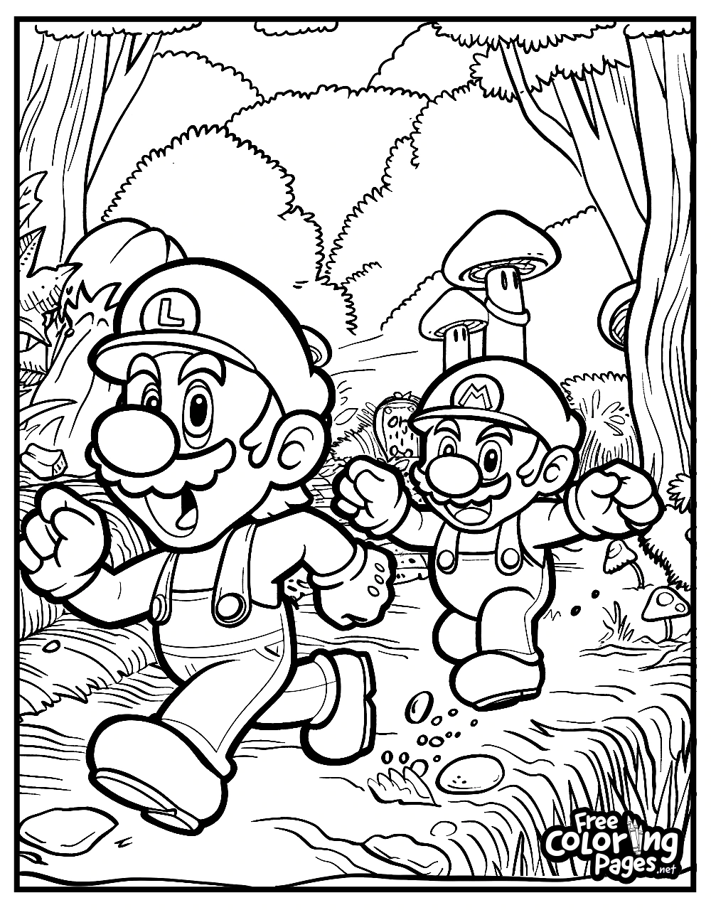 Free Super Mario Bros coloring pages printable featuring the iconic duo, Mario and Luigi, running through the mushroom kingdom