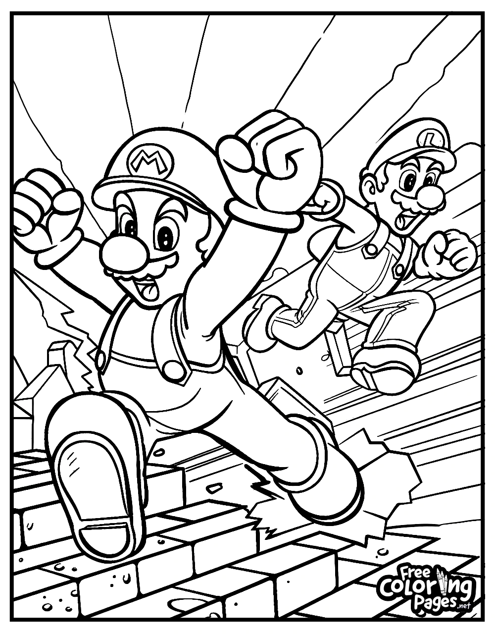 Super Mario Bros kids coloring pages show Mario and Luigi leaping in excitement, with a castle in the backdrop, inviting engaging coloring