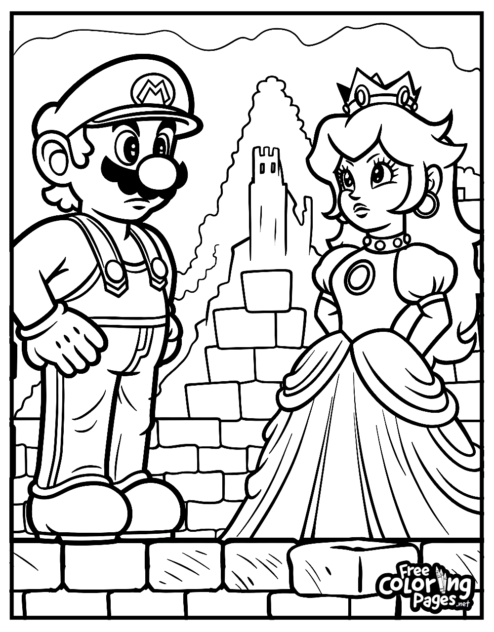 Super Mario Bros coloring page captures a tender moment between Mario and Princess Peach in front of a castle, great for kids and adults alike
