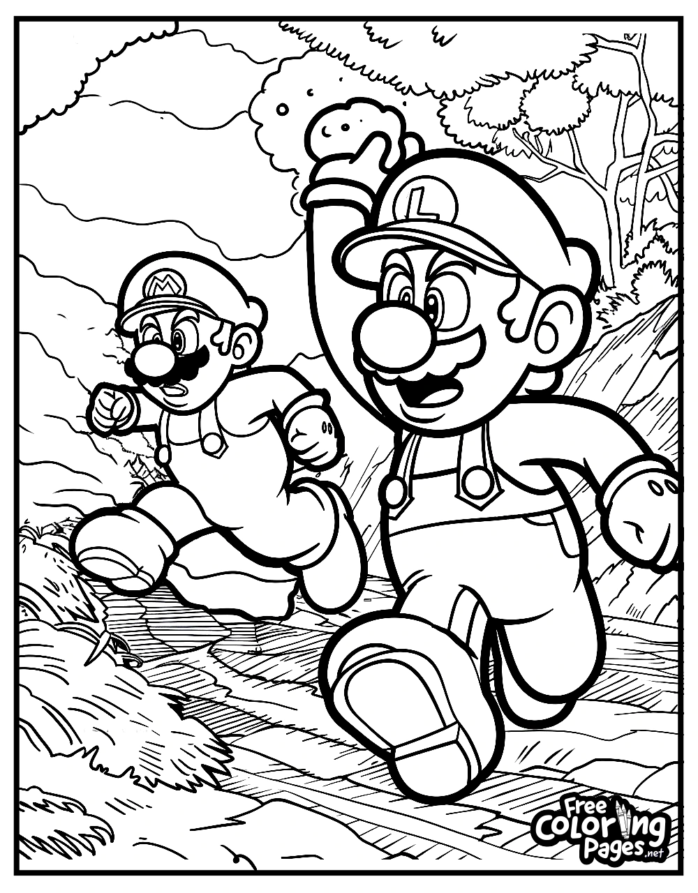 Printable Super Mario Bros coloring pages for kids displaying Mario and Luigi on an adventure through the woods, perfect for young artists