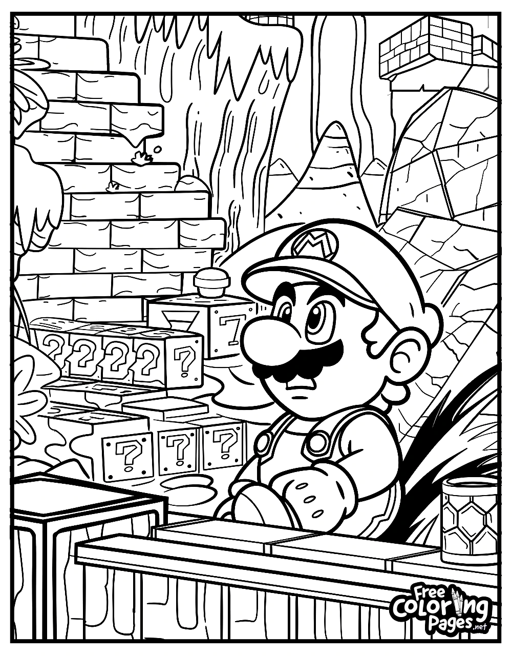 Super Mario Bros coloring sheet with Mario standing thoughtfully in a mushroom kingdom, with question blocks overhead, ready for printing and coloring