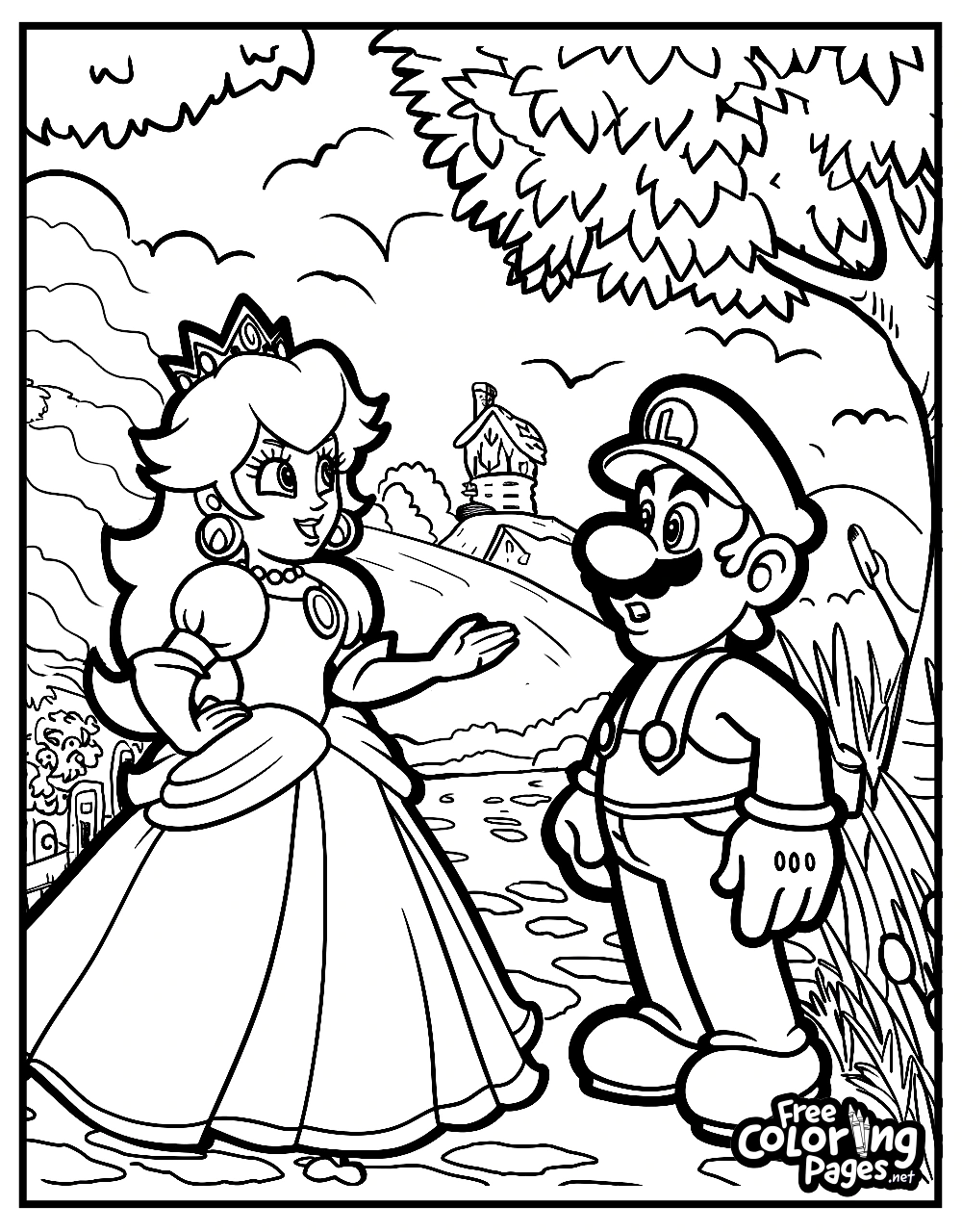 Super Mario Bros adult coloring page presents Princess Peach and Mario in a forest, with a peaceful kingdom in the distance, ready to color