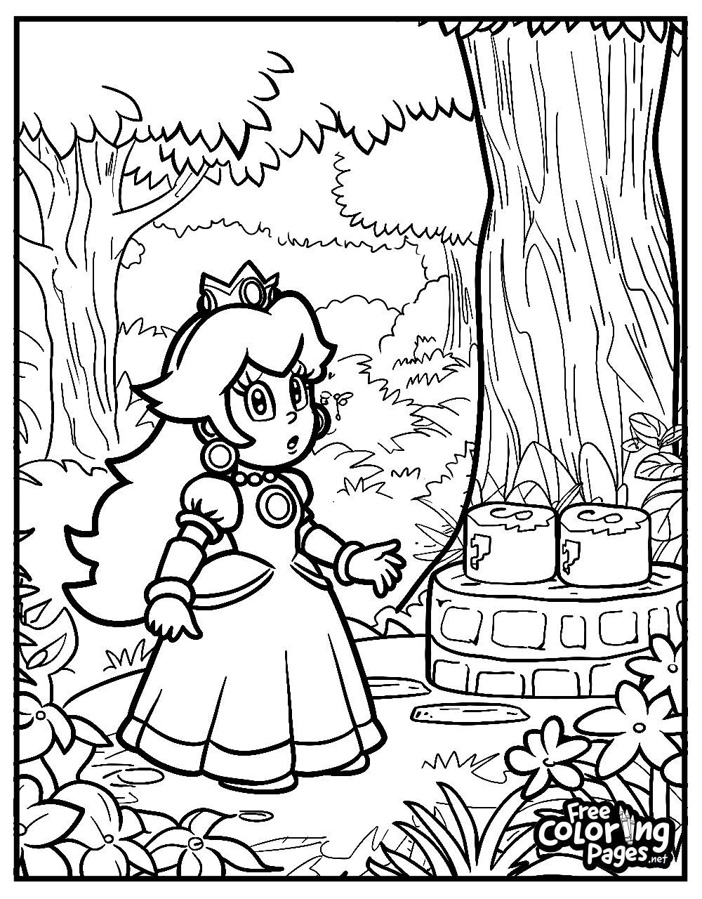 Princess from Super Mario Bros standing in a forest, on a free coloring page for kids, waiting to be brought to life with colors